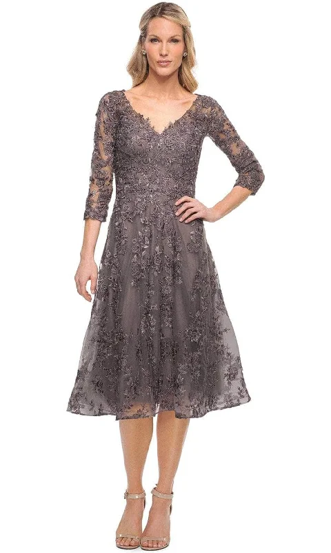 Mega Sale La Femme - Embroidered V-Neck Cocktail Dress 30268SC - 1 pc Gunmetal In Size 10 Available