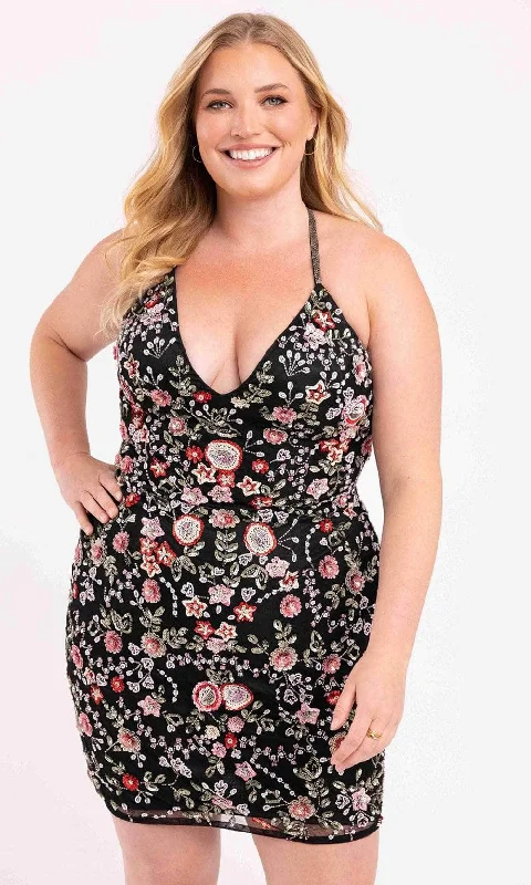 Online Specials Primavera Couture 3881 - Sleeveless Plunging V-neck Short Dress