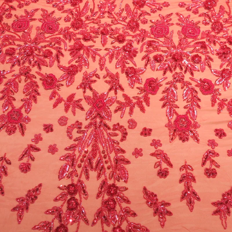 Savings Event Red Floral Embroidered Tulle Fabric