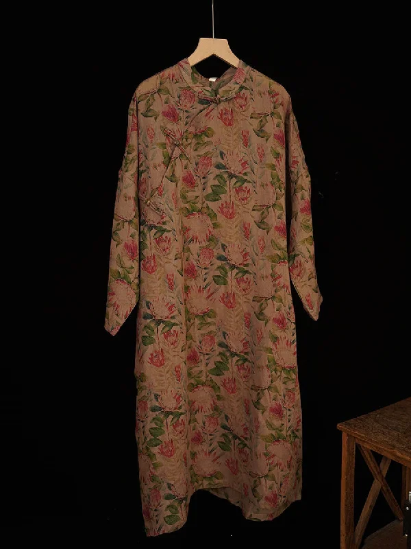 While Supplies Last Women Summer Vintage Flower Buckle Ramie Robe Dress IO1018