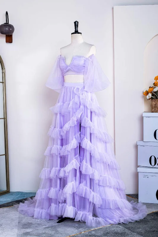 Great Bargains Two Piece Lavender Off the Shoulder Ruffles Corset Prom Dress with Slit Gowns Great Bargains Two Piece Lavender Off the Shoulder Ruffles Corset Prom Dress with Slit Gowns