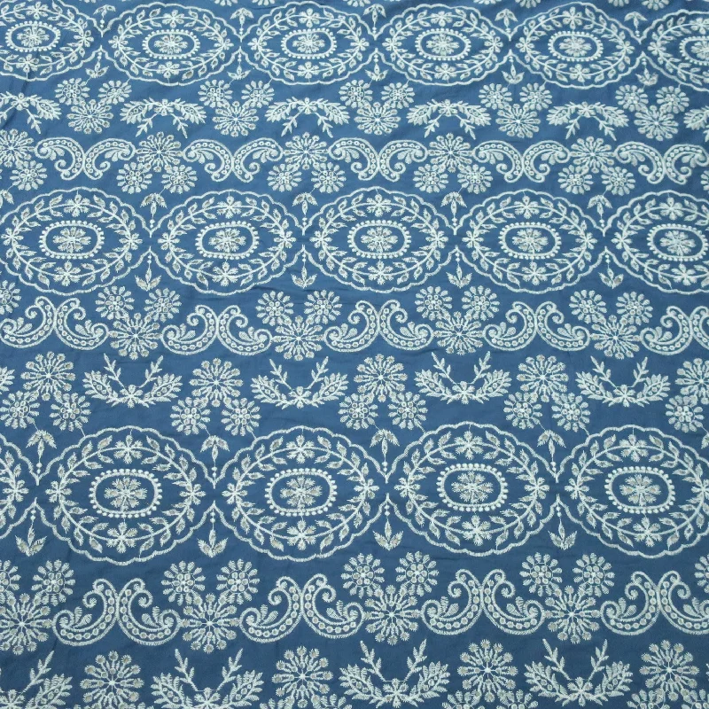 Special Discount Medium Blue with White Floral Embroidery Cotton Denim Fabric