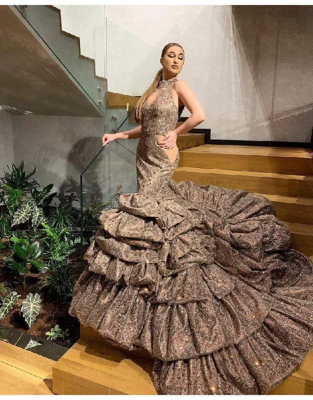 Price Drop Alert Luxury Evening Gown Brown Ruffled