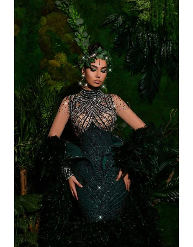 Online Specials Luxury Dark Green Evening Gown with Feathers