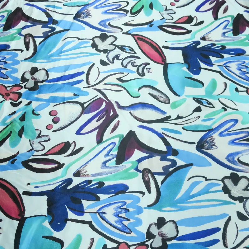 Deal Explosion Blue and Aqua Floral Printed Silk Charmeuse Fabric