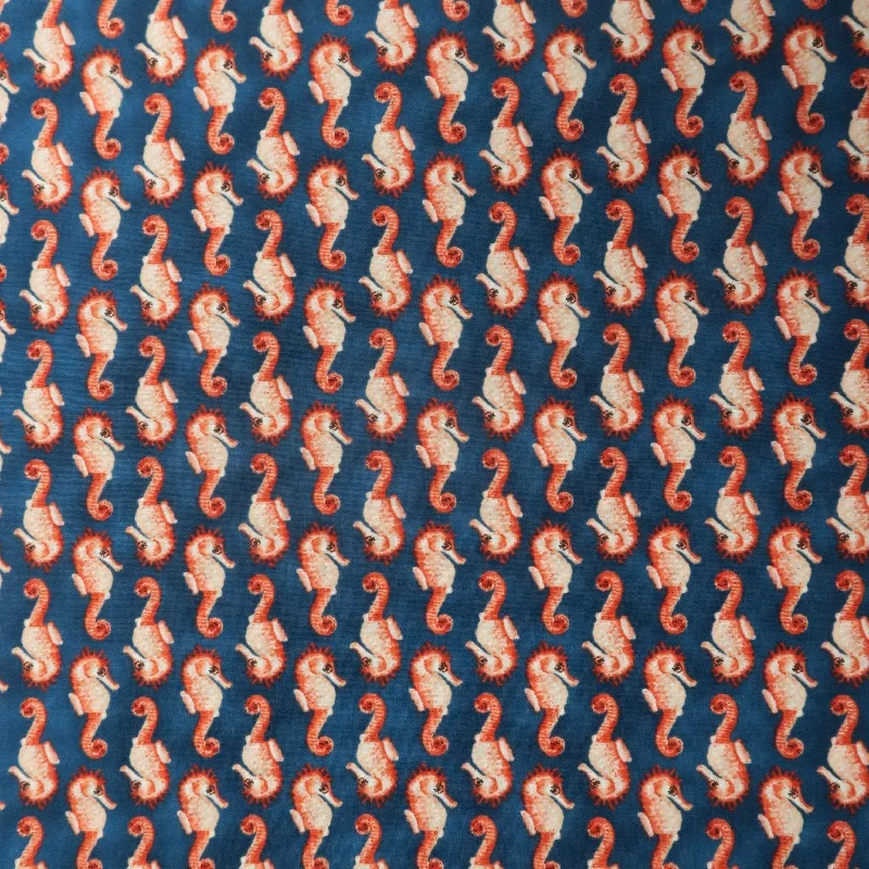 Deal Dash Orange Seahorses on Navy Background Printed Cotton