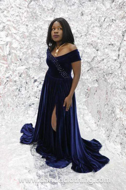 Final Clearance Evening Dress Blue Long Velvet