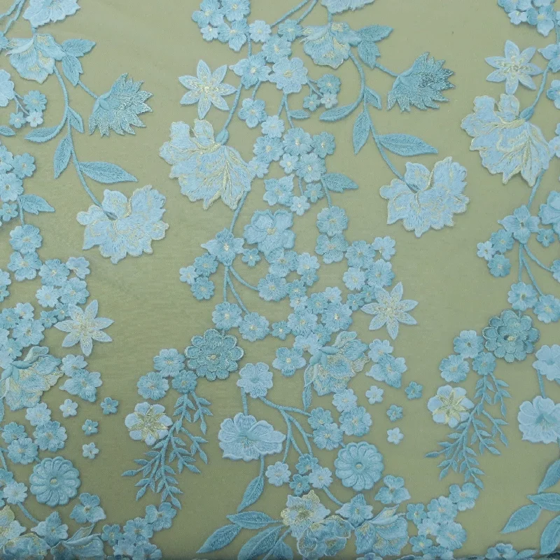 Huge Savings Baby Blue With Silver Floral Embroidered Tulle Fabric