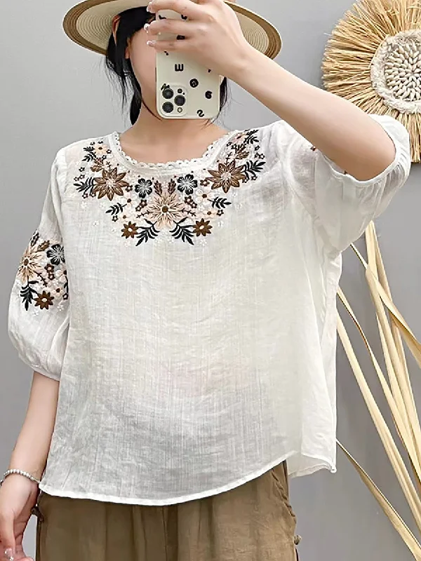 Online Specials Women Summer Artsy Embroidery O-Neck Ramie Shirt HH005