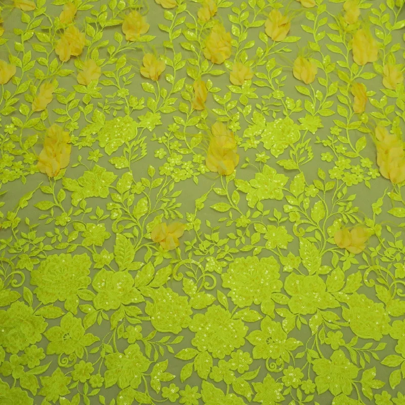 Lowest Prices Yellow Beaded Feathered Embroidered Tulle Fabric
