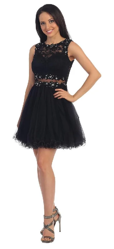 Today’s Deal Dancing Queen Sleeveless Lace Illusion Tulle Short Prom Dress 9080