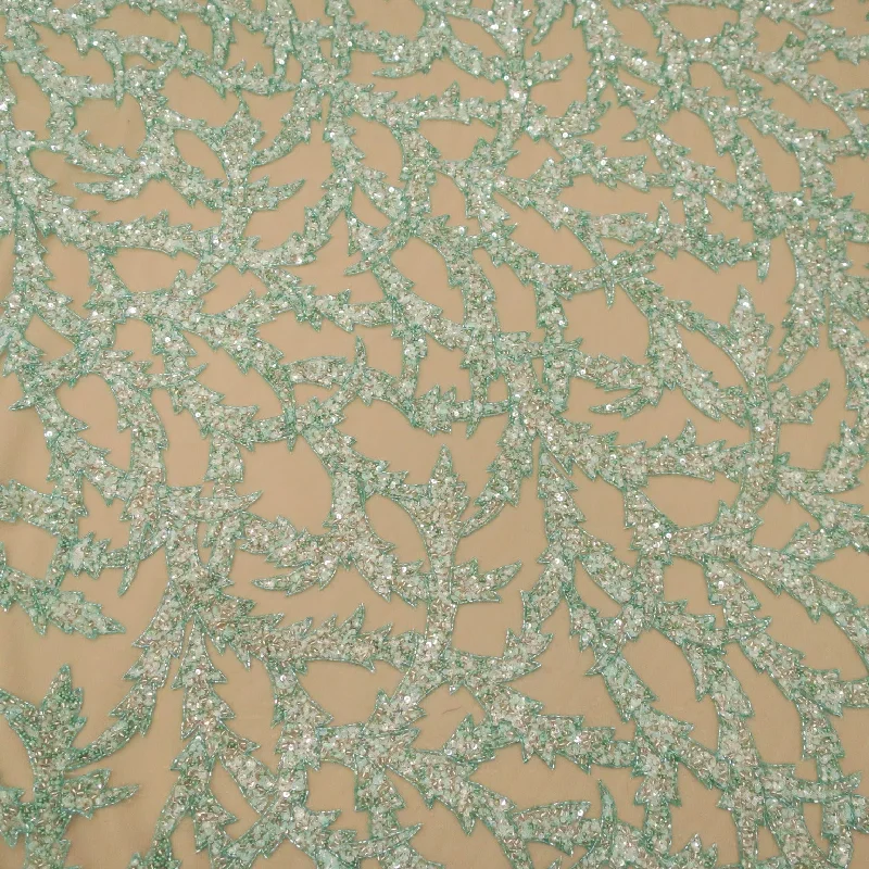 Savings Alert Mint Green Arabesques Embroidered Tulle Fabric