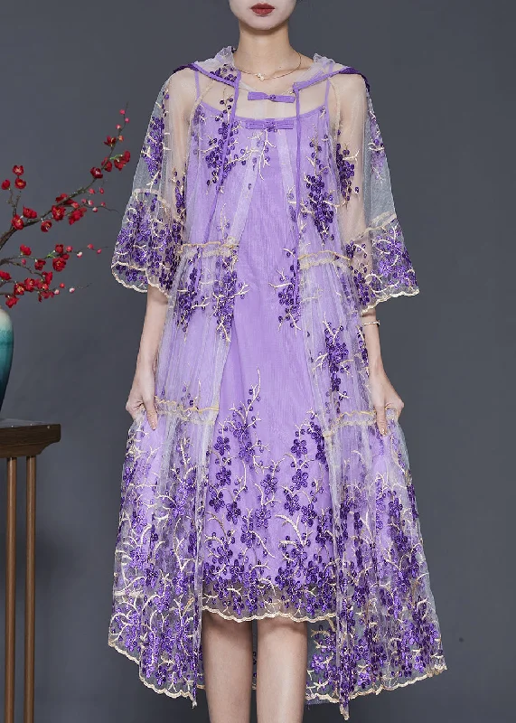 Can't Be Beat Beautiful Purple Embroidered Tulle Dress Two Pieces Set Summer SD1070