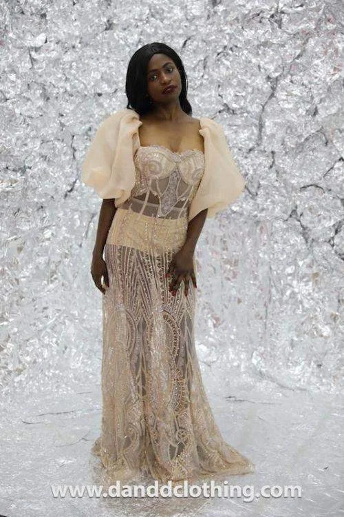 Final Markdown High Tea Evening Dress with Stones Beige