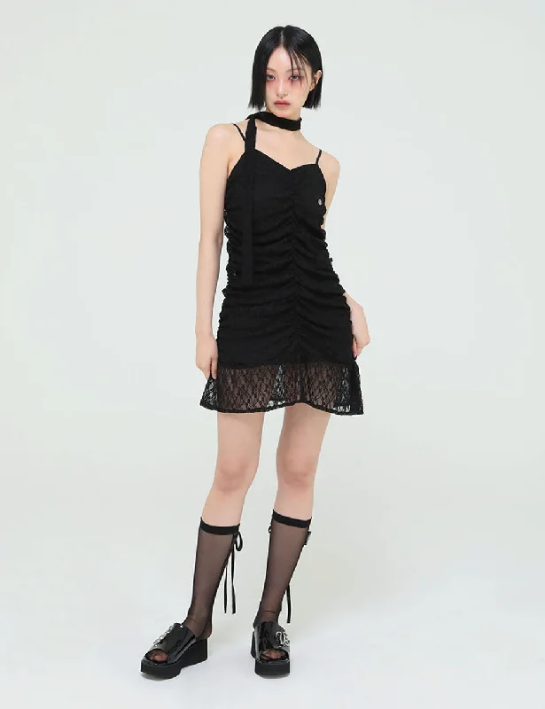 Sale Event [UGLY SHADOW] SS 24 TIE SHIRRING LACE DRESS(BLACK)