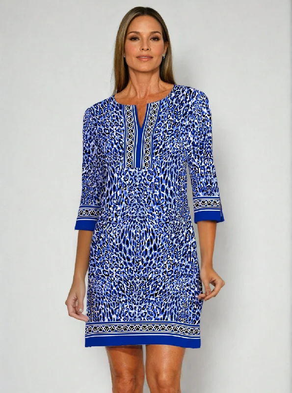 Price Drop Alert Cat Country Print Cotton Knit 3/4 Sleeve Slit Neck Dress
