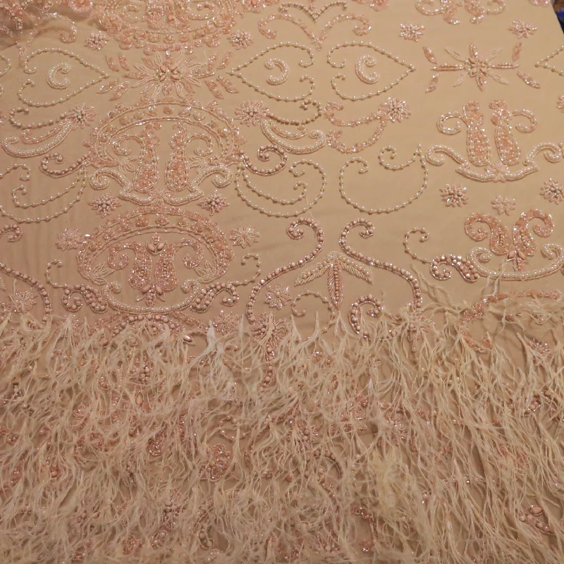 Take Advantage Peach Abstract with Feathers Embroidered Tulle Fabric