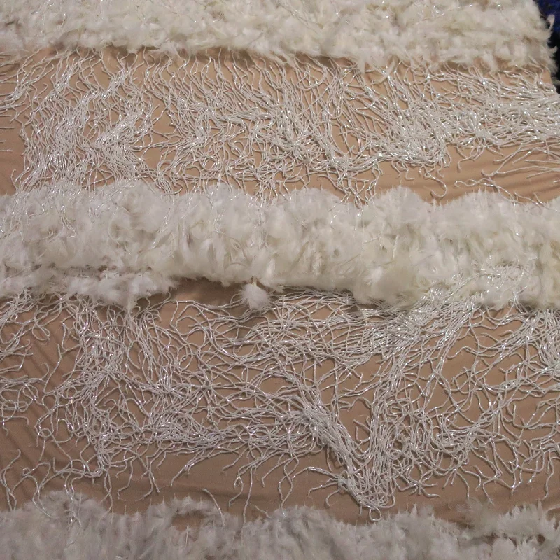 Price Reduction White Tulle with Feathers and Fringes Abstract Embroidered Fabric