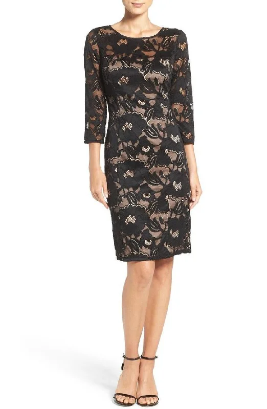 Deal Dash Adrianna Papell - AP1D100050 Quarter Sleeve Floral Lace Illusion Dress - 1 Pc Black/Pale Pink in Size 8 Available Deal Dash Adrianna Papell - AP1D100050 Quarter Sleeve Floral Lace Illusion Dress - 1 Pc Black/Pale Pink in Size 8 Available