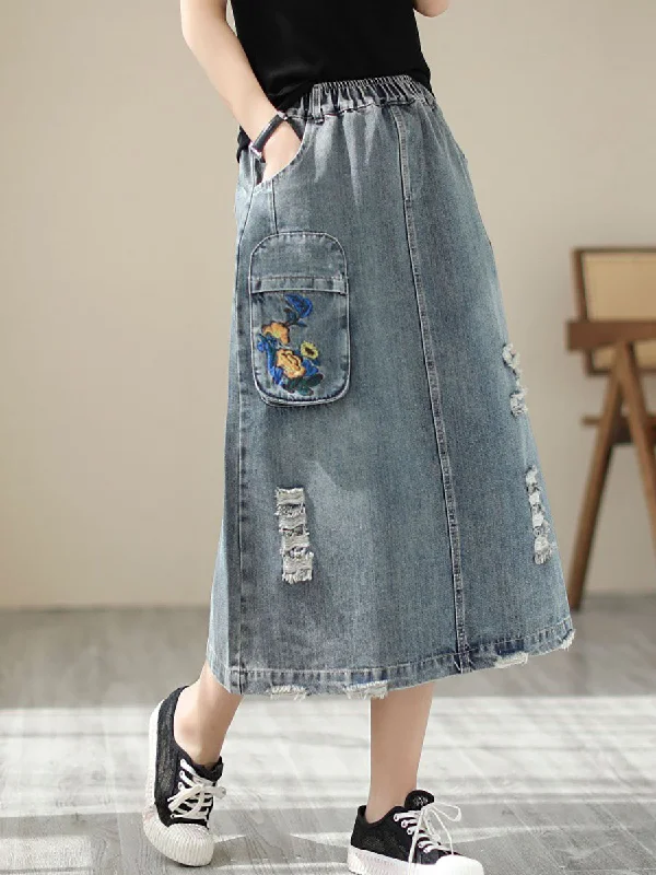 Discount Extravaganza Women Summer Flower Embroidery Frayed Denim Skirt AS1041