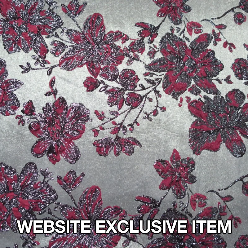 Limited Quantity Silver Metallic Background with Magenta Floral Textured Brocade Fabric Limited Quantity Silver Metallic Background with Magenta Floral Textured Brocade Fabric