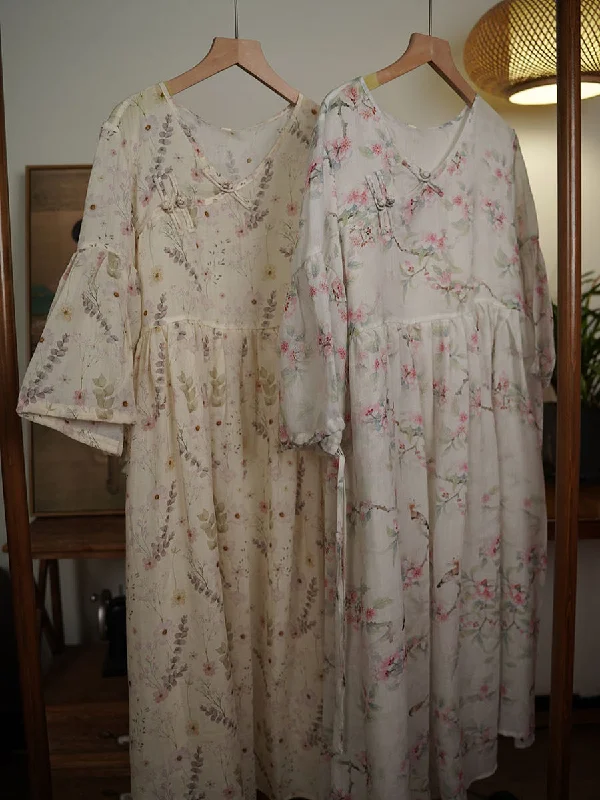 Price Break Women Summer Ethnic Floral V-Neck Buckle Ramie Dress TY1007