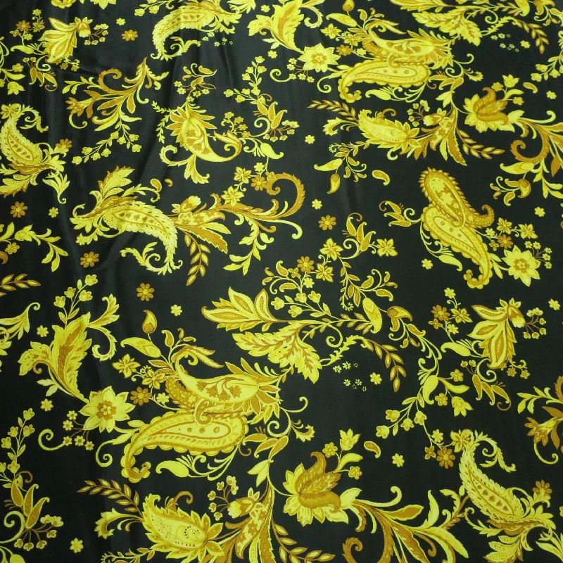 Mega Deal Black Background with Gold Floral and Paisleys Printed Silk Charmeuse Fabric