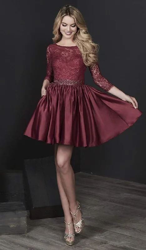 Can't Miss Tiffany Homecoming - Lace Quarter Length Sleeves A-Line Cocktail Dress 27202 - 1 pc Burgundy In Size 2 Available Can't Miss Tiffany Homecoming - Lace Quarter Length Sleeves A-Line Cocktail Dress 27202 - 1 pc Burgundy In Size 2 Available