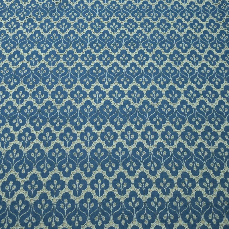 Mega Sale Medium Blue with White Floral Embroidery Cotton Denim Fabric