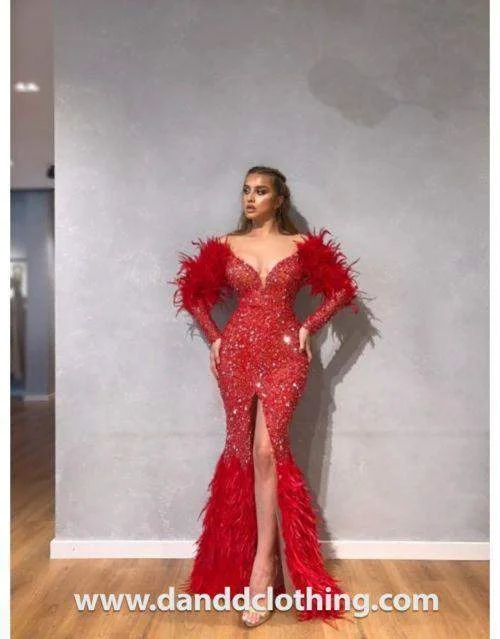 Big Savings Luxury Red Evening Dress With Slit