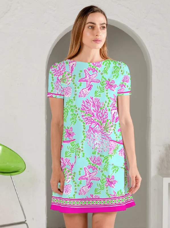 Last Chance Bermuda Reef Print Cotton Knit Short Sleeve Front Piping Pocket Dress