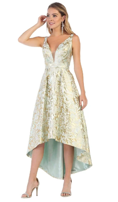 Super Bargain May Queen - Two Tone Deep V-neck High Low A-line Dress RQ7681