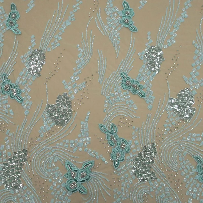 Last Chance Aqua Bugle Beads Floral Embroidered Tulle Fabric