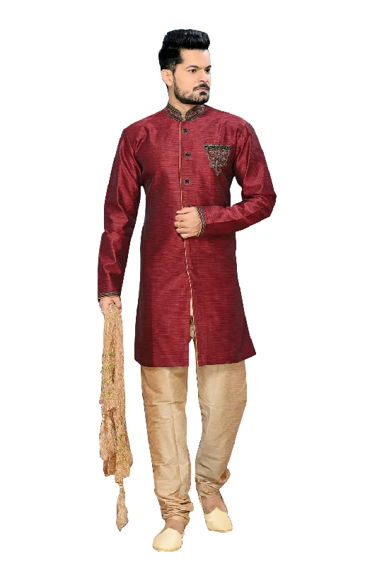 Super Sale Fancy Red Wine Ghicha Silk Indian Wedding Sherwani For Men