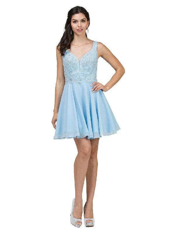 Instant Discount Dancing Queen Lace Deep V-Neck A-Line Dress 2108 - 2 pcs Sky Blue In Size M and XS Available