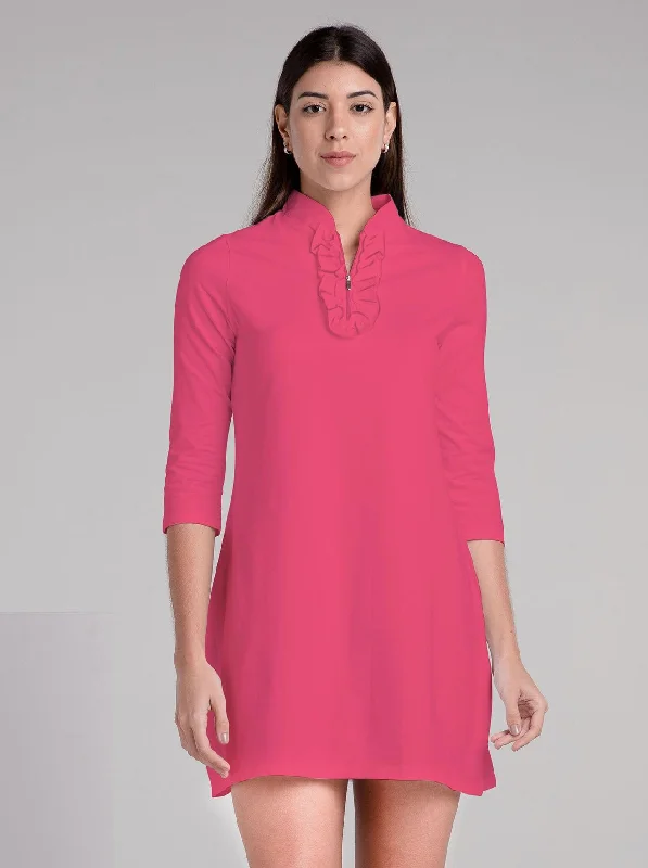Members Only Solid Knit 3/4 Sleeve Ruffle Placket Neck  Dress