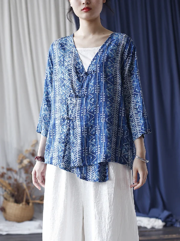 Special Price Women Summer Ethnic Print Slant Button-up V-Neck Shirt LL011