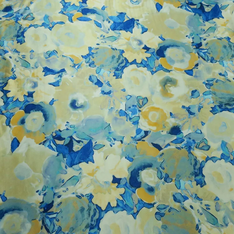Blowout Sale Light Blue and Ivory Abstract Floral Printed Silk Charmeuse Fabric