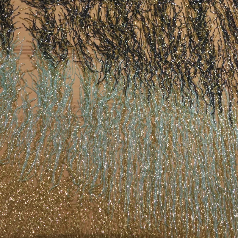 Extra Savings Gold Mint and Black Gradient Fringes Embroidered Tulle Fabric