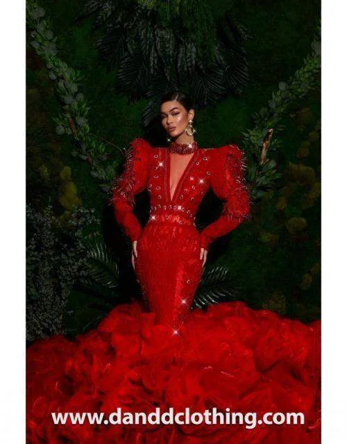 Price Reduction Luxury Evening Dress Red Ruffles