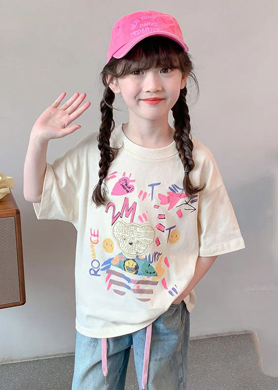 Steals and Deals Loose Beige O-Neck Print Kids T Shirts Summer SS1012