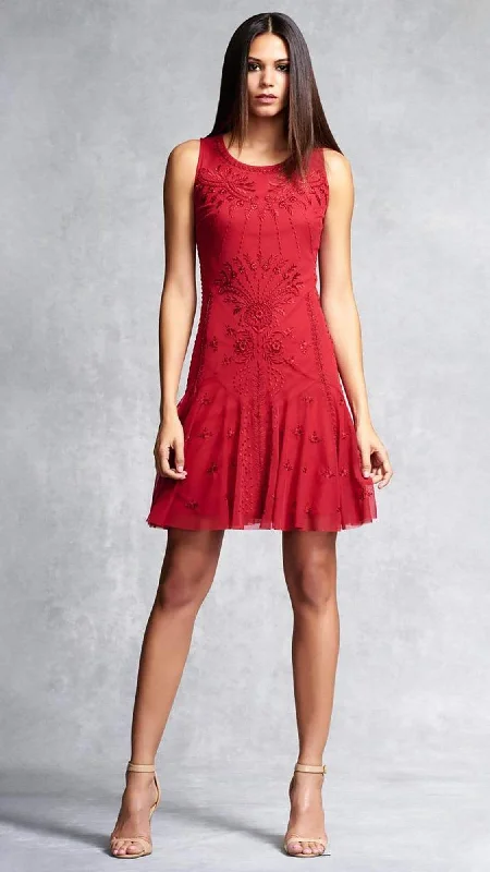 Online Only Aidan Mattox - 54473380 Embroidered Mesh Sleeveless Drop Waist Short Dress - 1  Pc Garnet in sizes 8 Available