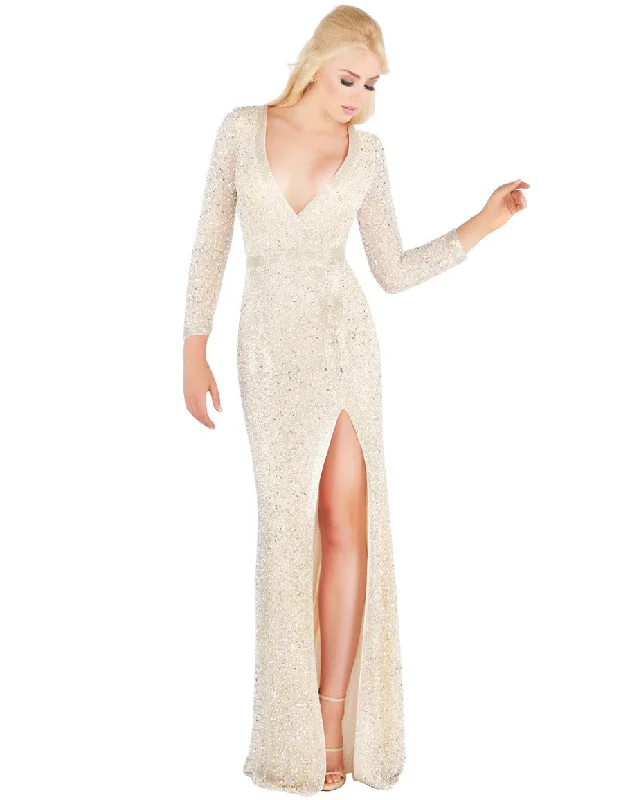 Epic Deals Mac Duggal Prom - Long Sleeve Beaded Plunging Neck High Slit Black Ball Gown