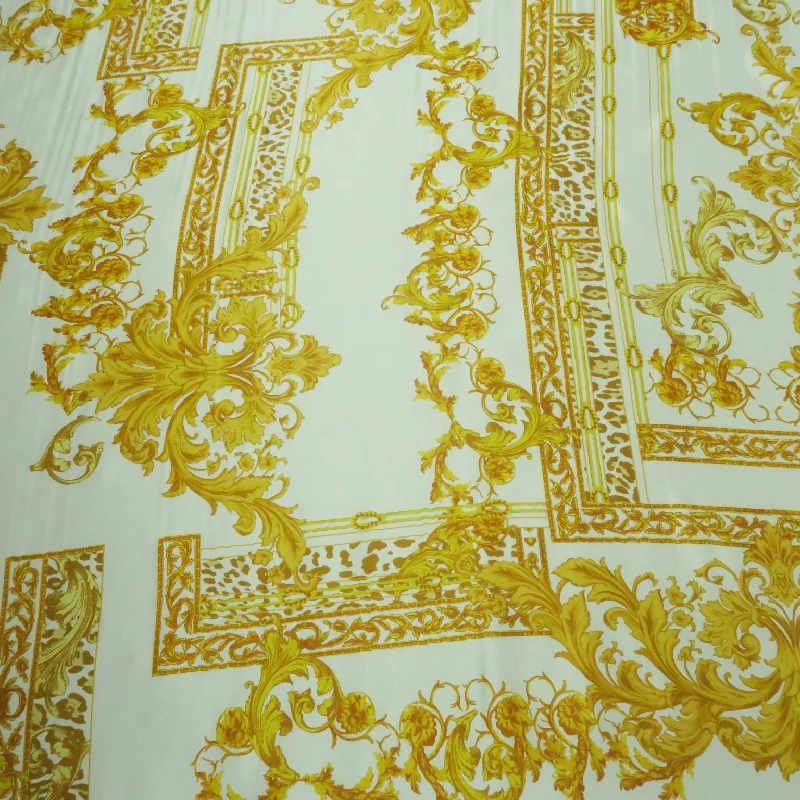 Limited Time Offer Gold Arabesques on a White Background Printed Silk Charmeuse Fabric