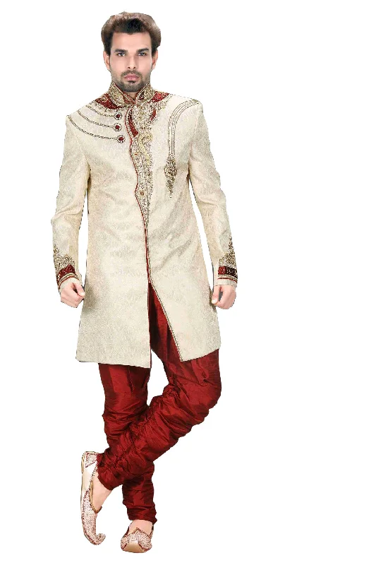 Grand Opening Sale Ethnic Latte Brocade Silk Indian Wedding Sherwani For Men