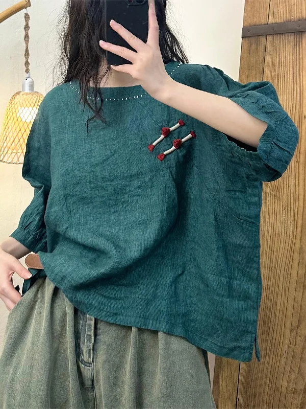 Exclusive Preview Women Summer Vintage Buckle Solid O-Neck Linen Shirt OO1026