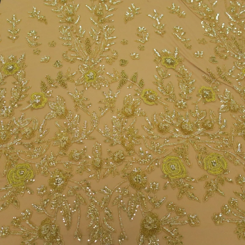 Weekend Special Yellow Floral with Bugle Beads Embroidered Tulle Fabric