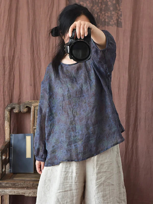 Referral Discount Women Summer Vintage Flower O-neck Ramie Shirt PP1039