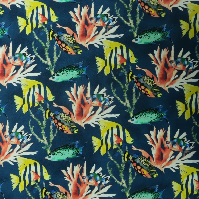 Discount Days Fish and Corals on a Navy Background Printed Cotton
