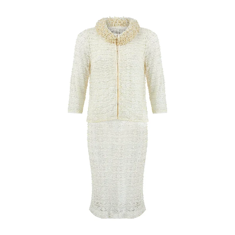 Steals and Deals 1960s White Lace and Pearl Embellished Dress and Jacket Set